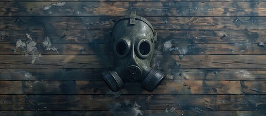 Top down view of a lone gas mask positioned on a wooden backdrop with room for text in the image. Creative banner. Copyspace image