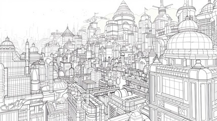 78. An artistic line drawing of a bustling cityscape, featuring detailed urban elements and architecture, intended as background material for creative uses