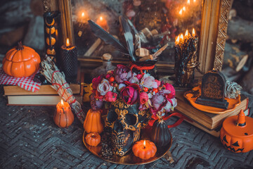 Mystical scene with candles. Fate prediction. Halloween concept, details and décor for home