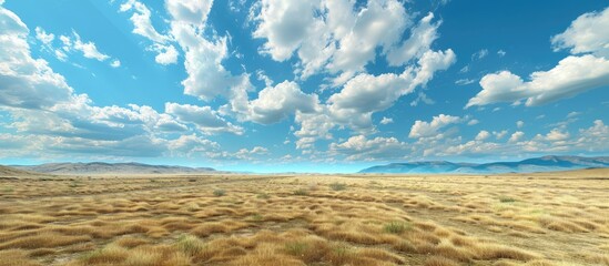 Sticker - Scenic blue sky with fluffy clouds on a clear day highlights the serene atmosphere in the dry season perfect for a copy space image