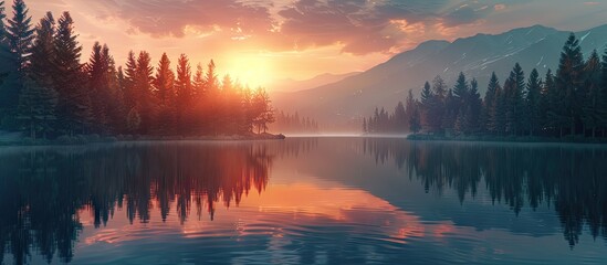 Poster - Beautiful sunset over forested mountains reflected in water creating a stunning evening landscape perfect for a wallpaper with a copy space image
