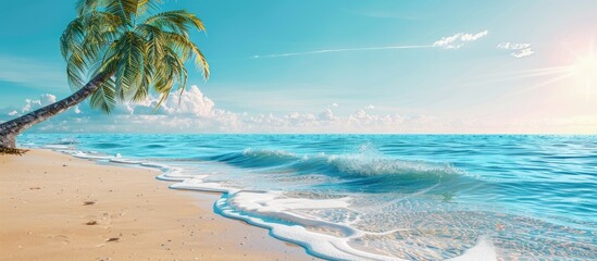 Poster - Beautiful tropical beach with turquoise sea water against a blue sky background ideal for a summer background and vacation concept with copy space image