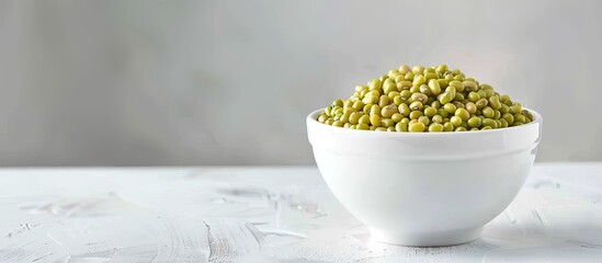 Poster - White bowl with organic mung bean and green moong dal on a white background with copy space image