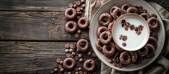 Aufkleber - Chocolate and corn cereal rings on a plate with milk set against a wooden rustic backdrop offering a blank space for images. Creative banner. Copyspace image