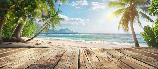 Poster - Wooden table with open view to a sunny tropical beach and palm trees perfect for presenting summer items or ad displays with copy space image