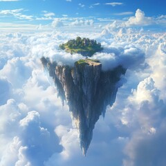 Wall Mural - A small island with trees, grass, and a road floating in the clouds with a bright blue sky.