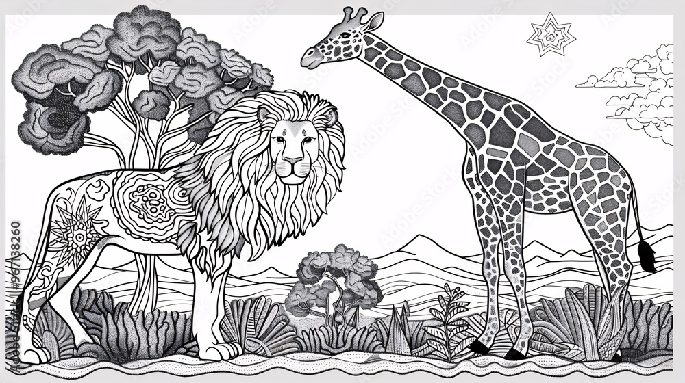 102. A fun and detailed vector illustration of a lion and giraffe ...