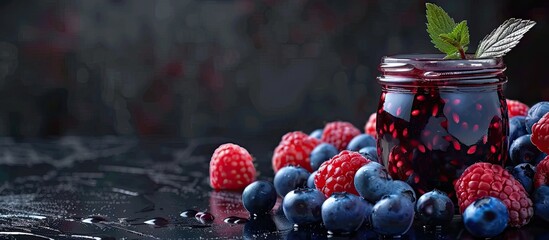Poster - A backdrop of black showcases blueberry jam and fresh berries with room for text or graphics. Creative banner. Copyspace image