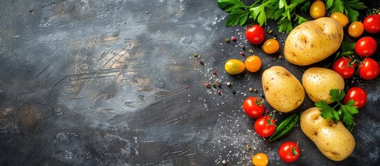 Aufkleber - Fresh potato appetizer on a rustic table with copy space image for a top view food background