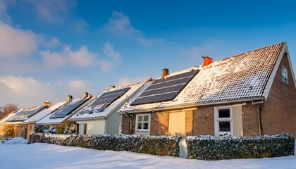 Wall Mural - Solar Panels on the roof of Dutch houses covered by Snow. 