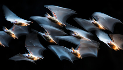 Flying bats, motion blur, black background, Halloween concept