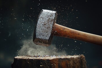 Poster - Hammer Striking a Tree Stump with Sparks Flying