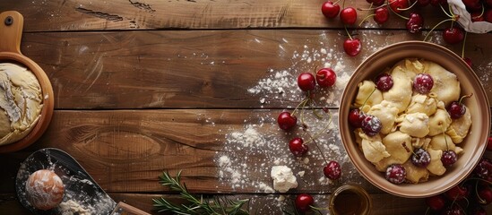 Aufkleber - Top view of the process of making cherry filled dumplings varenyky with raw dough and ingredients displayed on a wooden surface ideal for a copy space image