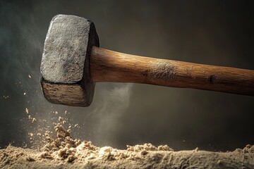 Poster - Sledgehammer Striking Sand, Creating Dust Cloud