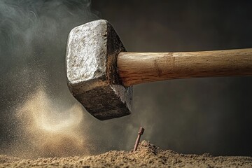 Poster - Hammer Striking a Nail into the Ground, Creating a Dust Cloud