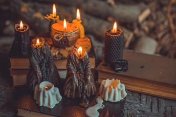 Mystical scene with candles. Fate prediction. Halloween concept, details and décor for home