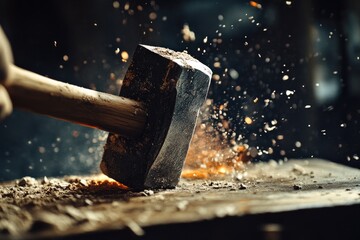 Sticker - A Close-Up of a Hammer Striking a Metal Anvil, Sparks Flying