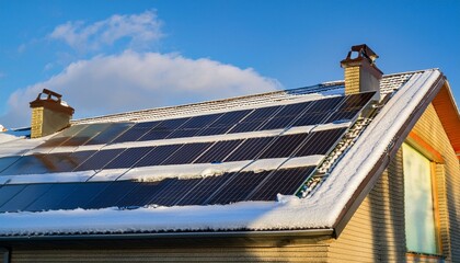 Wall Mural - Solar Panels of the roof of House covered by Snow in the Winter. 