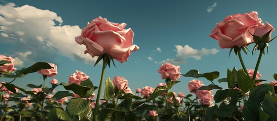 Aufkleber - Parade roses blooming in a rose garden under a blue sky with a pink rose flower creating a captivating scene with copy space image