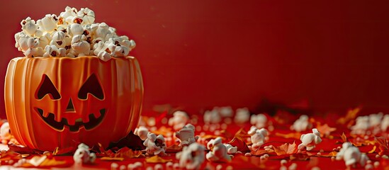 Poster - A Halloween themed picture featuring a pumpkin popcorn and red backdrop ideal for adding text or other elements copy space image