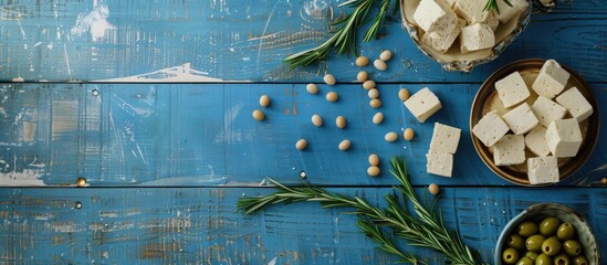Aufkleber - Flat lay composition with appetizing tofu soybeans olives and rosemary arranged on a blue wooden surface providing room for text in a banner design with a copy space image