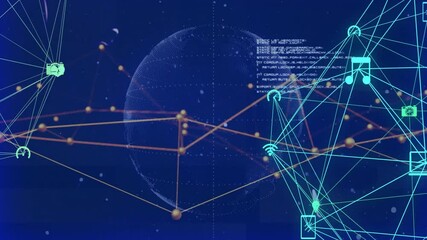 Canvas Print - Animation of network of connections and data processing over globe