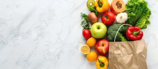 Aufkleber - Fresh fruits and vegetables in a paper bag showcased on a white marble backdrop in a flat lay style perfect for adding text to the copy space image
