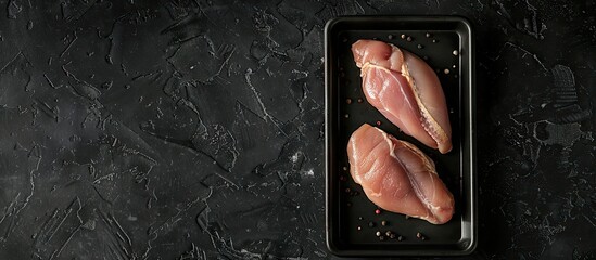 A steel tray holds raw chicken breast fillet steaks with a black background seen from above with space for text or image. Creative banner. Copyspace image