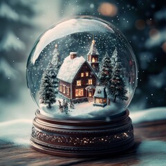 Poster - A snow globe with a miniature snowy village scene inside, illuminated by warm lights and surrounded by falling snow.