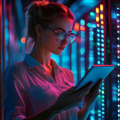 Woman in Data Center with Tablet: Technology, Network, Server, IT, Digital, Innovation, Computing, Cybersecurity, System, Engineer