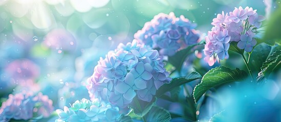 Fototapete - Beautiful hydrangea flowers in a garden with a selected focus on French Hydrangea macrophylla or Hortensia blooms creating a serene copy space image