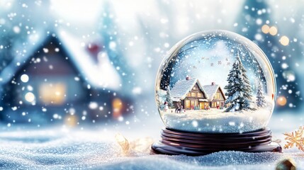 Poster - A snow globe with a snowy winter scene inside, sitting on a snowy surface. The snow globe is in focus, and the background is out of focus.