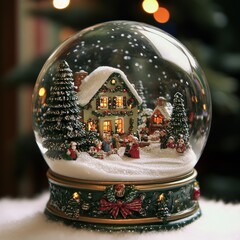 Canvas Print - A snow globe with a winter village scene inside, complete with a house, trees, and snowmen.