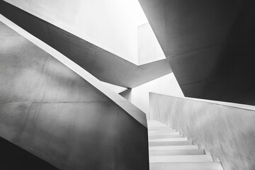 Aufkleber - This black and white image showcases an abstract view of modern architecture, focusing on sharp intersecting lines and geometric shapes, creating a stunning visual composition.