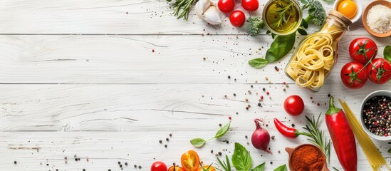 Poster - Italian ingredients for making pasta with vegetables spices and herbs displayed in a top view on a white wooden background ideal for an Italian healthy vegan meal with copy space image