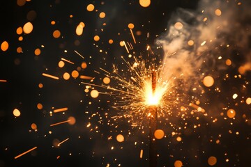 A sparkler is captured in the moment of ignition, producing bright and beautiful sparks, creating a vivid and celebratory visual with dynamic light and movement.