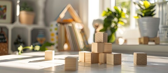 Wooden blocks on a white tabletop in a children s room with room for a caption in the photograph. Creative banner. Copyspace image