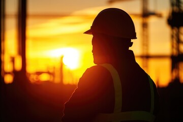 Wall Mural - Silhouette of a construction worker against a sunset