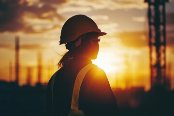 Wall Mural - Silhouette of a Construction Worker at Sunset