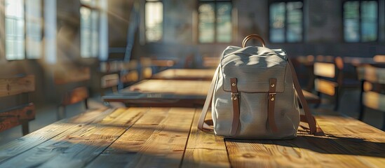 Aufkleber - Classroom with a school backpack placed on a wooden table suitable for design purposes with copy space image