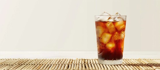 Wall Mural - Iced Americano coffee displayed on a bamboo mat against a white background emphasizing the isolation theme with copy space image