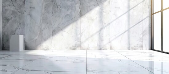 Aufkleber - Interior decor with white marble flooring provides a sophisticated backdrop for merchandise display against a studio backdrop wall with light and shadows ideal for a copy space image