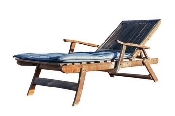 Wall Mural - A wooden lounge chair with a blue cushion is perfect for outdoor or indoor relaxation