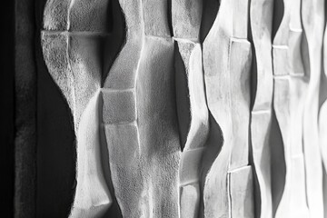 Aufkleber - A black and white image showcasing an abstract wall with textured patterns, where light and shadow interplay, creating a dramatic and visually striking artistic piece.