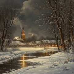 Wall Mural - A snowy village scene with a church steeple, river, and snow-covered trees.