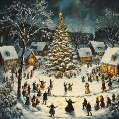 Wall Mural - A snowy village square at Christmas with a large decorated tree, people caroling and dancing.