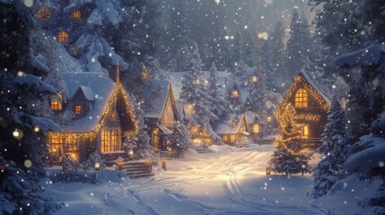 Sticker - A snowy village street lined with cozy cottages, glowing with warm lights and festive decorations during a gentle snowfall.