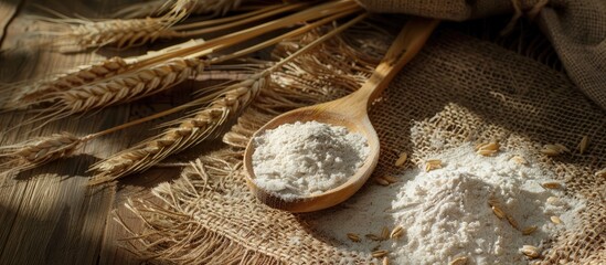 Poster - A wooden spoon filled with flour on a burlap sack surrounded by wheat ears on a wooden table casting shadows in the background with copy space image