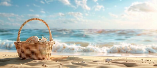 Poster - Sandy beach backdrop with a vacant summer picnic basket ideal for displaying items signaling a summer theme with ample copy space image