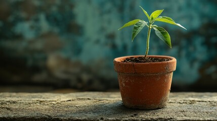 Wall Mural - A Single Green Plant Sprouting in a Terracotta Pot